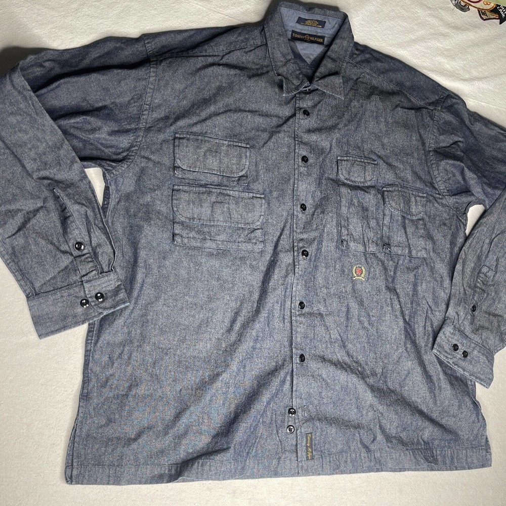 Tommy Hilfiger Shirt Men 2XL XXL Blue Denim Long Sleeve Button Down Logo